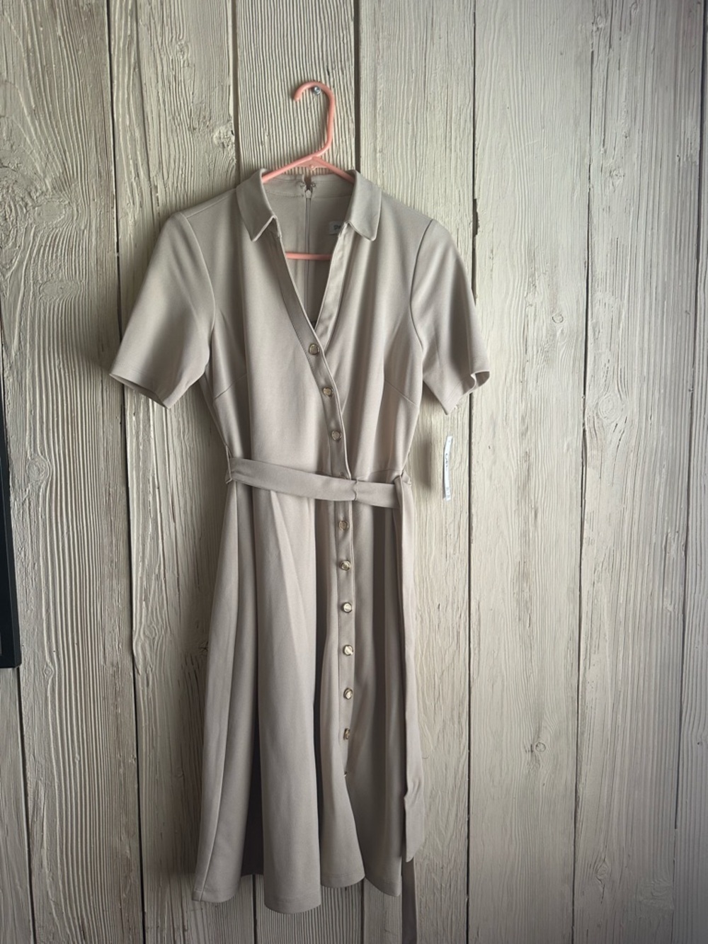 Shelby & Palmer New Taupe Midi Shirt Dress With Tie